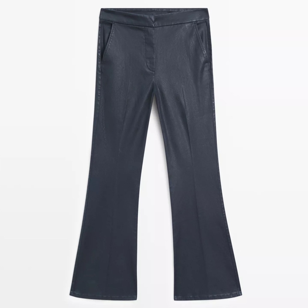 Massimo Dutti Black Pants Waxed Classic Flare Size 12 Minimalist Quiet Luxury